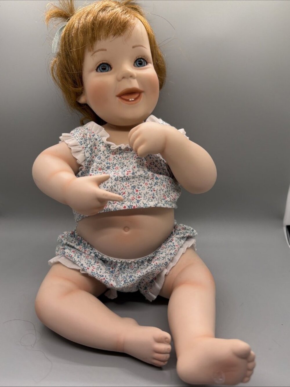 Antique Elke Hutchens Lil Punkin Porcelain Baby Doll, 6.5"x11"x7" Blue Eyes